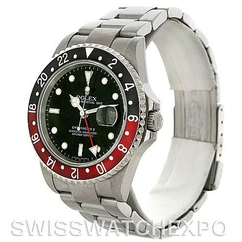 The image shows a Rolex GMT-Master 16710 Men's Stainless Steel Black Dial 16710 Men's Stainless Steel Black Dial watch from an angled side view, highlighting its bezel, dial, and stainless steel bracelet.