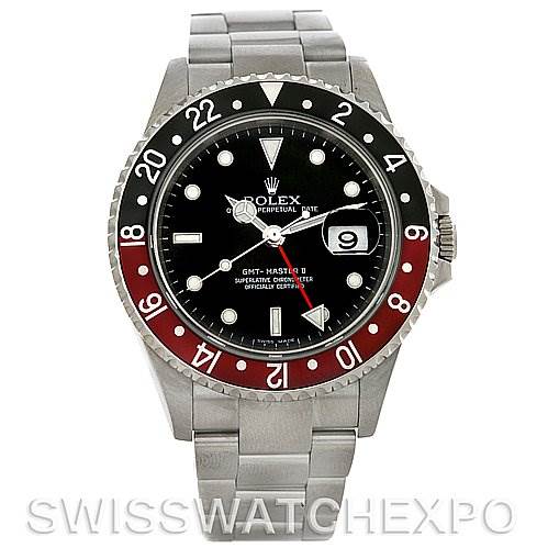 The image shows the full front view of a Rolex GMT-Master 16710 Men's Stainless Steel Black Dial 16710 Men's Stainless Steel Black Dial watch, displaying its bezel, dial, hands, and bracelet.