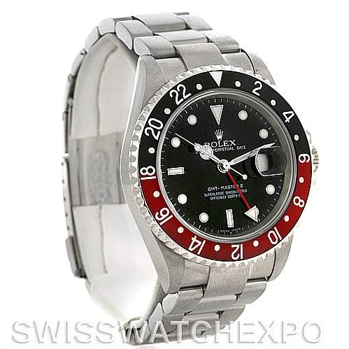 The image shows a Rolex GMT-Master 16710 Men's Stainless Steel Black Dial 16710 Men's Stainless Steel Black Dial watch from a front angle, highlighting its bezel, dial, and bracelet.