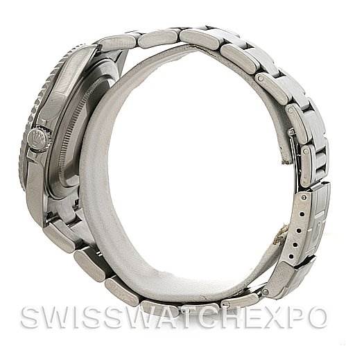 This image shows the side view of a Rolex GMT-Master 16710 Men's Stainless Steel Black Dial 16710 Men's Stainless Steel Black Dial watch, highlighting the crown, bezel, and bracelet.