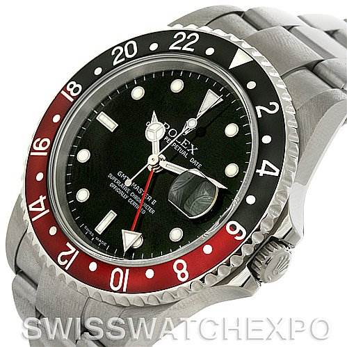 The image shows a close-up of a Rolex GMT-Master 16710 Men's Stainless Steel Black Dial 16710 Men's Stainless Steel Black Dial watch, highlighting the bezel, face, and part of the bracelet.