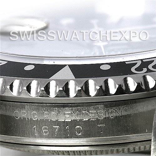 Close-up of the bezel and case edge of a Rolex GMT-Master 16710 Men's Stainless Steel Black Dial 16710 Men's Stainless Steel Black Dial model, showing "ORIG. ROLEX DESIGN" and the model number 16710 T.