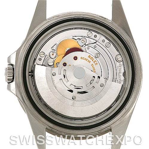 The image shows the back of a Rolex GMT-Master 16710 Men's Stainless Steel Black Dial 16710 Men's Stainless Steel Black Dial watch, revealing its internal mechanical movement.