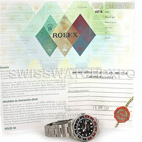 The image shows a Rolex GMT-Master 16710 Men's Stainless Steel Black Dial 16710 Men's Stainless Steel Black Dial watch and its certificate of authenticity, displayed at a front angle.