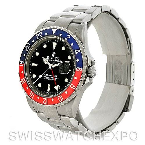 This image shows a Rolex GMT-Master 16710 Men's Stainless Steel Black Dial 16710 Men's Stainless Steel Black Dial watch at a diagonal angle, displaying the bezel, face, and bracelet.