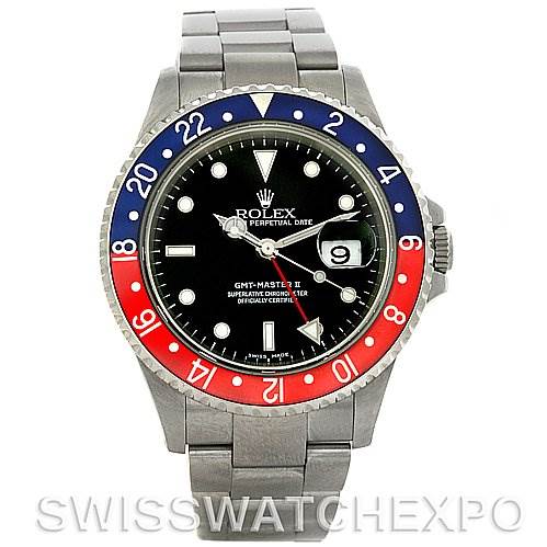 The image shows a front view of a Rolex GMT-Master 16710 Men's Stainless Steel Black Dial 16710 Men's Stainless Steel Black Dial watch, highlighting its bezel, dial, and bracelet.