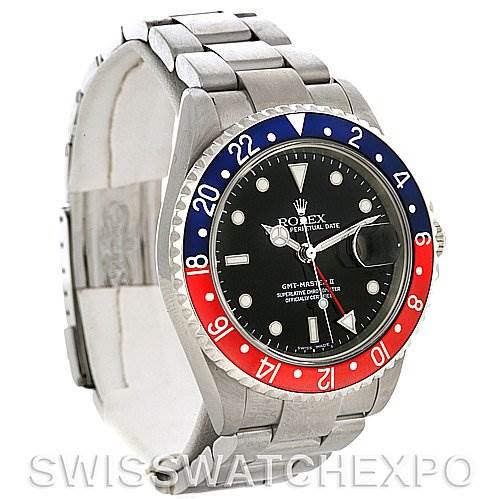 This image shows a Rolex GMT-Master 16710 Men's Stainless Steel Black Dial 16710 Men's Stainless Steel Black Dial watch from a front angle, highlighting the "Pepsi" bezel, black dial, and stainless steel bracelet.