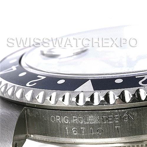 The image shows a close-up angled view of the bezel and side of a Rolex GMT-Master 16710 Men's Stainless Steel Black Dial 16710 Men's Stainless Steel Black Dial model, highlighting the "Orig. Rolex Design" engraving.