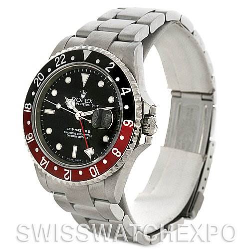 The image shows a Rolex GMT-Master 16710 Men's Stainless Steel Black Dial 16710 Men's Stainless Steel Black Dial watch, angled to display the face, bezel, and part of the bracelet.