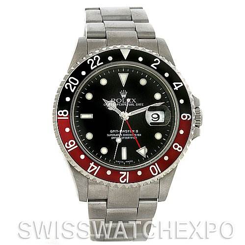 The image shows the front view of a Rolex GMT-Master 16710 Men's Stainless Steel Black Dial 16710 Men's Stainless Steel Black Dial watch, highlighting its bezel, dial, and bracelet.
