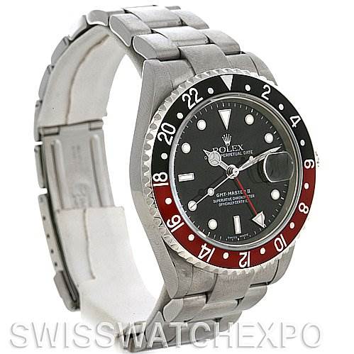 The image shows a side angle of the Rolex GMT-Master 16710 Men's Stainless Steel Black Dial 16710 Men's Stainless Steel Black Dial watch, highlighting the bezel, face, and metal bracelet.
