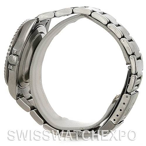 The image shows a side view of a Rolex GMT-Master 16710 Men's Stainless Steel Black Dial 16710 Men's Stainless Steel Black Dial watch, highlighting its case, crown, and bracelet.