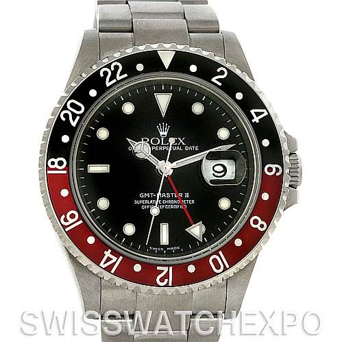 The Rolex GMT-Master 16710 Men's Stainless Steel Black Dial 16710 Men's Stainless Steel Black Dial II watch is shown from a front angle, highlighting its bezel, dial, and bracelet.