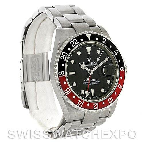 The image shows a side angle of a Rolex GMT-Master 16710 Men's Stainless Steel Black Dial 16710 Men's Stainless Steel Black Dial watch displaying the bezel, dial, and part of the bracelet.