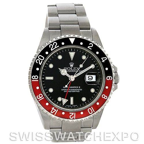 This image shows a frontal view of the Rolex GMT-Master 16710 Men's Stainless Steel Black Dial 16710 Men's Stainless Steel Black Dial II watch, featuring the dial, bezel, and bracelet.