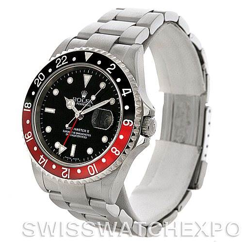 This image shows a side and face angle of the Rolex GMT-Master 16710 Men's Stainless Steel Black Dial 16710 Men's Stainless Steel Black Dial watch, highlighting the bezel, bracelet, and dial.