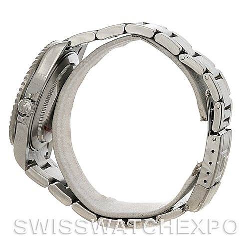 The image shows a side view of the Rolex GMT-Master 16710 Men's Stainless Steel Black Dial 16710 Men's Stainless Steel Black Dial watch with a focus on the bracelet and the watch case's profile.