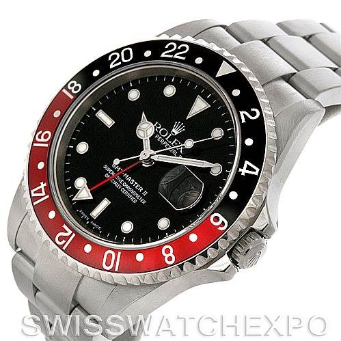 The image shows a Rolex GMT-Master 16710 Men's Stainless Steel Black Dial 16710 Men's Stainless Steel Black Dial watch from an angled top view, highlighting the dial, bezel, crown, and part of the bracelet.