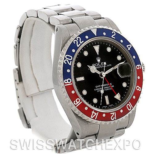 The image shows a side angle of a Rolex GMT-Master 16710 Men's Stainless Steel Black Dial 16710 Men's Stainless Steel Black Dial watch, displaying its bezel, dial, bracelet, and crown.