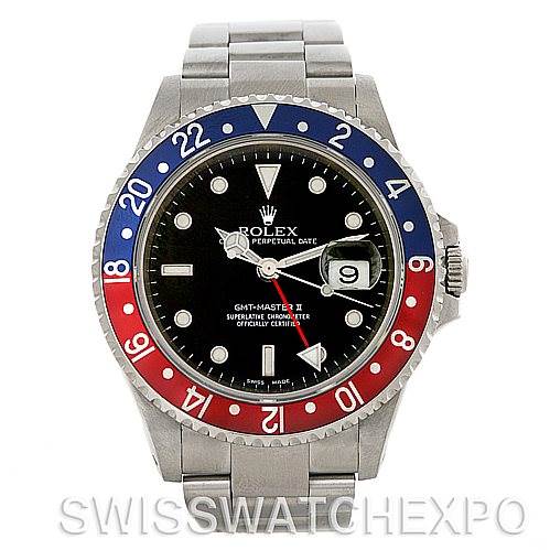 The image shows the front view of a Rolex GMT-Master 16710 Men's Stainless Steel Black Dial 16710 Men's Stainless Steel Black Dial II watch, highlighting the dial, bezel, and bracelet.