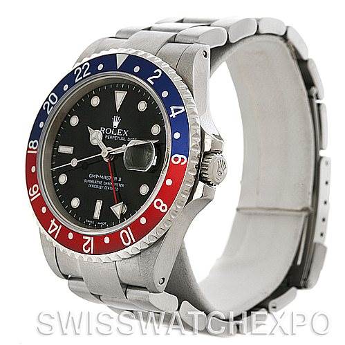 The image shows a Rolex GMT-Master 16710 Men's Stainless Steel Black Dial 16710 Men's Stainless Steel Black Dial watch at an angled view, highlighting its bezel, dial, and partially the bracelet.