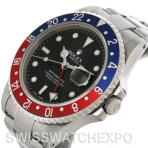 This image features a Rolex GMT-Master 16710 Men's Stainless Steel Black Dial 16710 Men's Stainless Steel Black Dial watch showing the bezel, crown, face, and part of the bracelet at an angle.