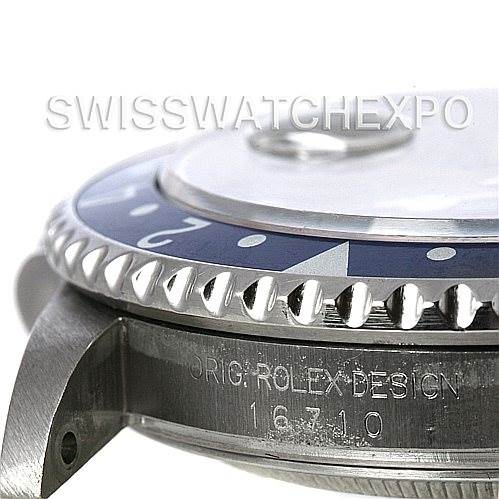 This close-up angle shows the side view of the Rolex GMT-Master 16710 Men's Stainless Steel Black Dial 16710 Men's Stainless Steel Black Dial watch bezel and case, highlighting the model number.
