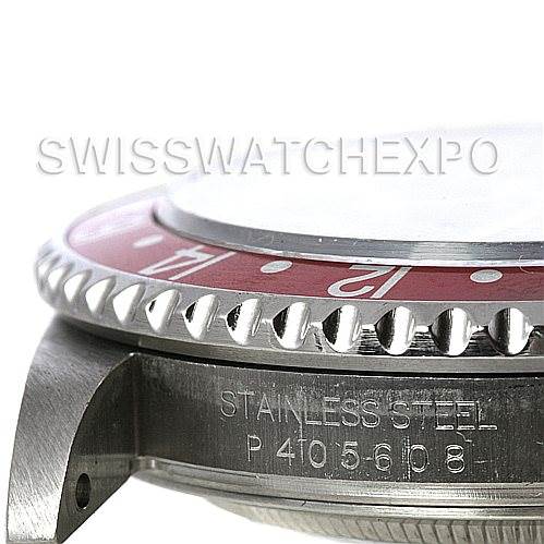 The image shows a close-up side view of the bezel and lugs of a Rolex GMT-Master 16710 Men's Stainless Steel Black Dial 16710 Men's Stainless Steel Black Dial watch, highlighting the stainless steel case and serial number.