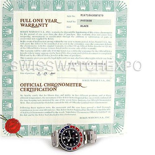 The image shows a Rolex GMT-Master 16710 Men's Stainless Steel Black Dial 16710 Men's Stainless Steel Black Dial watch placed in front of its warranty and chronometer certification documents.