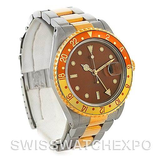 The image shows a front view of a Rolex GMT-Master 16713 Men
s Stainless Steel Brown Dial 16713 Men
s Stainless Steel Brown Dial watch, highlighting the two-tone bezel, dial, and bracelet.