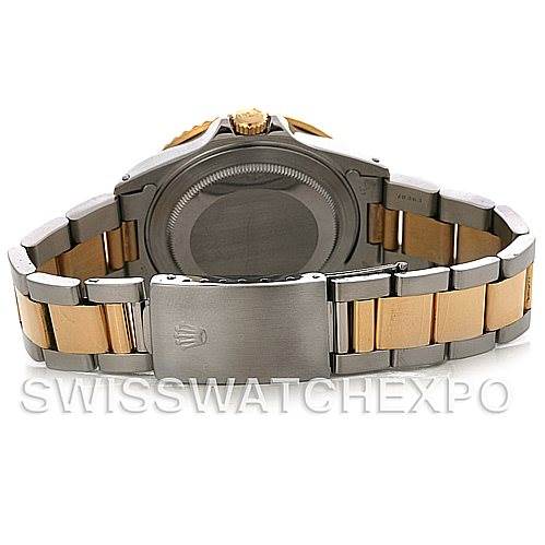 The image shows the back view and clasp of a Rolex GMT-Master 16713 Men
s Stainless Steel Brown Dial 16713 Men
s Stainless Steel Brown Dial watch, highlighting its two-tone metal bracelet.