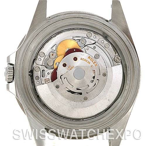 This image shows the back side of a Rolex GMT-Master 16710 Men's Stainless Steel Black Dial 16710 Men's Stainless Steel Black Dial watch, specifically revealing the internal mechanical movement.