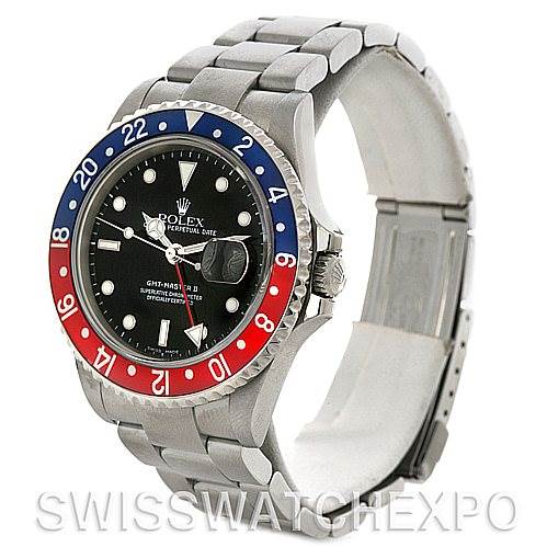 This image shows a side angle of a Rolex GMT-Master 16710 Men's Stainless Steel Black Dial 16710 Men's Stainless Steel Black Dial watch, highlighting the bezel, face, and part of the stainless steel bracelet.