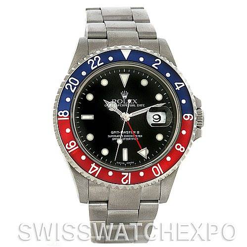 The image shows a frontal view of a Rolex GMT-Master 16710 Men's Stainless Steel Black Dial 16710 Men's Stainless Steel Black Dial watch, featuring a red and blue bezel, black dial, and stainless steel bracelet.