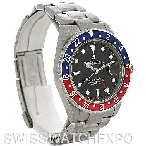 The image shows a Rolex GMT-Master 16710 Men's Stainless Steel Black Dial 16710 Men's Stainless Steel Black Dial watch at an angle displaying the face, bezel, and part of the bracelet.