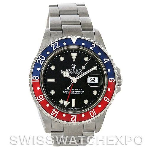 This image shows a front view of a Rolex GMT-Master 16710 Men's Stainless Steel Black Dial 16710 Men's Stainless Steel Black Dial II watch with a red and blue bezel.
