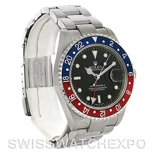 This image shows a side angle view of a Rolex GMT-Master 16710 Men's Stainless Steel Black Dial 16710 Men's Stainless Steel Black Dial II watch, highlighting the bezel, dial, and bracelet.