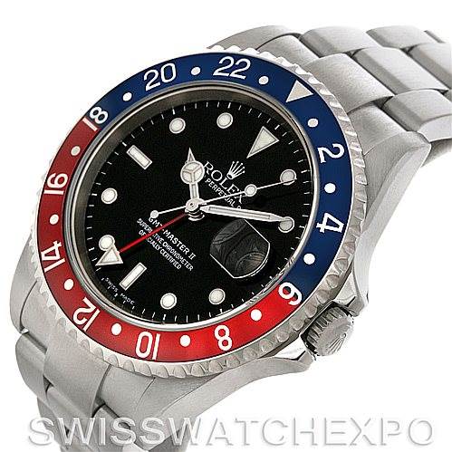 The image shows a Rolex GMT-Master 16710 Men's Stainless Steel Black Dial 16710 Men's Stainless Steel Black Dial watch from a three-quarter angle, displaying its Pepsi bezel, dial, case, and part of the bracelet.