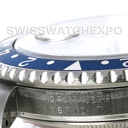 This image shows a close-up side view of a Rolex GMT-Master 16710 Men's Stainless Steel Black Dial 16710 Men's Stainless Steel Black Dial, focusing on the bezel, crown guard, and model number 16710.