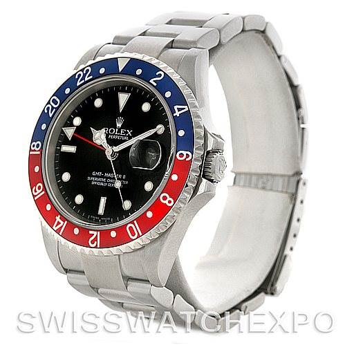 This image displays a Rolex GMT-Master 16710 Men's Stainless Steel Black Dial 16710 Men's Stainless Steel Black Dial watch at an angled view, highlighting its bezel, dial, bracelet, and crown.