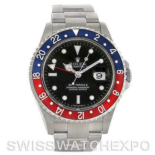 The image shows a frontal view of a Rolex GMT-Master 16710 Men's Stainless Steel Black Dial 16710 Men's Stainless Steel Black Dial watch, displaying the dial, bezel, and bracelet.