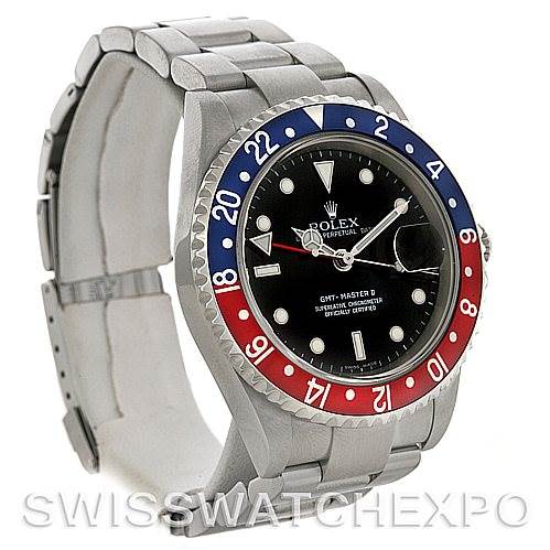 This image shows a Rolex GMT-Master 16710 Men's Stainless Steel Black Dial 16710 Men's Stainless Steel Black Dial watch, with a clear view of the face, bezel, and part of the bracelet, angled slightly to the left.