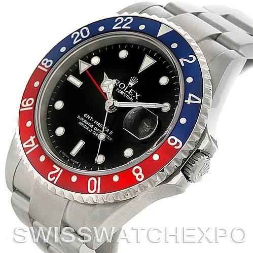 The image shows a Rolex GMT-Master 16710 Men's Stainless Steel Black Dial 16710 Men's Stainless Steel Black Dial watch at an angle highlighting its bezel, dial, crown, and part of its bracelet.