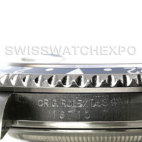 Side view of a Rolex GMT-Master 16710 Men's Stainless Steel Black Dial 16710 Men's Stainless Steel Black Dial showing the bezel, lug, and model number "16710 T" with "ORIG. ROLEX DESIGN" engraved.