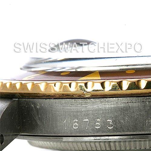 This image shows a side view of the Rolex GMT-Master 16753 Men's Stainless Steel Brown Dial 16753 Men's Stainless Steel Brown Dial watch, highlighting the bezel, case edge, and reference number 16753.
