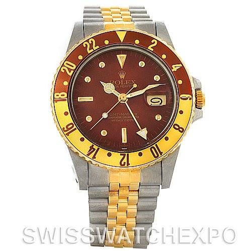 This image shows a front view of a Rolex GMT-Master 16753 Men's Stainless Steel Brown Dial 16753 Men's Stainless Steel Brown Dial watch, featuring a two-tone bezel and bracelet with a brown dial.