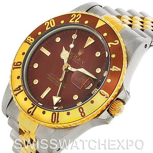 The image shows a Rolex GMT-Master 16753 Men's Stainless Steel Brown Dial 16753 Men's Stainless Steel Brown Dial watch photographed at a slight angle, highlighting its bezel, dial, and two-tone bracelet.