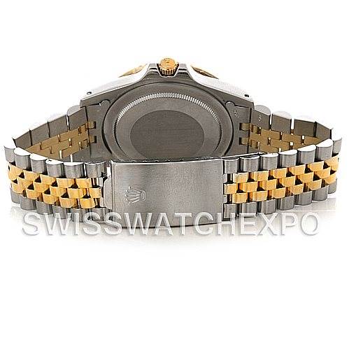 This image shows the back of the Rolex GMT-Master 16753 Men's Stainless Steel Brown Dial 16753 Men's Stainless Steel Brown Dial watch, displaying the case back and two-tone bracelet.