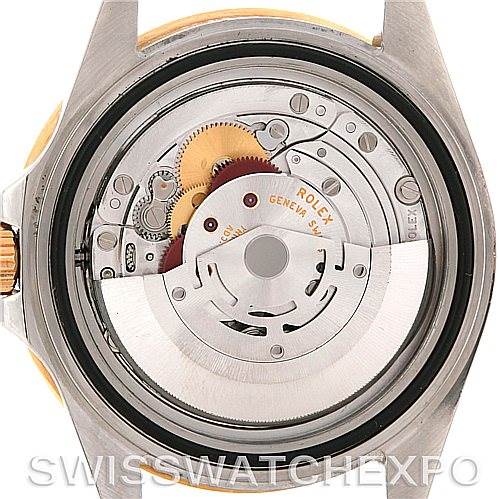 This image shows the open back view of a Rolex GMT-Master 16713 Men's Stainless Steel Brown Dial 16713 Men's Stainless Steel Brown Dial watch, highlighting its internal movement and components.