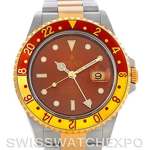 This image shows the front view of a Rolex GMT-Master 16713 Men's Stainless Steel Brown Dial 16713 Men's Stainless Steel Brown Dial watch, highlighting its bezel, dial, and bracelet.